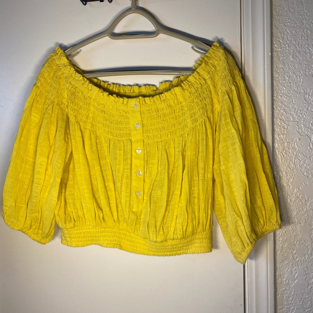 We The Free Free People Yellow Smocked Off The Shoulder Puff Sleeve Crop Top XS